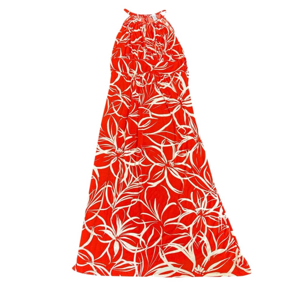 London Times Orange White Floral Halter Maxi Dress Womens 14 Summer Resort Party